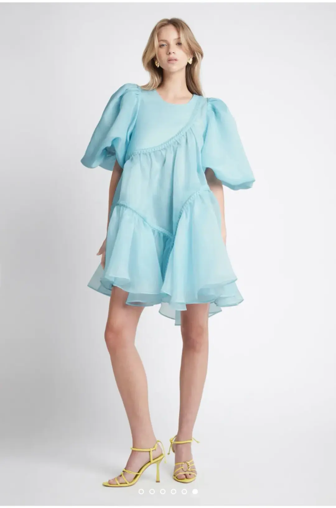 Aje Riviera Asymmetric Braided Puff Sleeve Smock Dress Blue Size 10  for rent on The Volte - main image