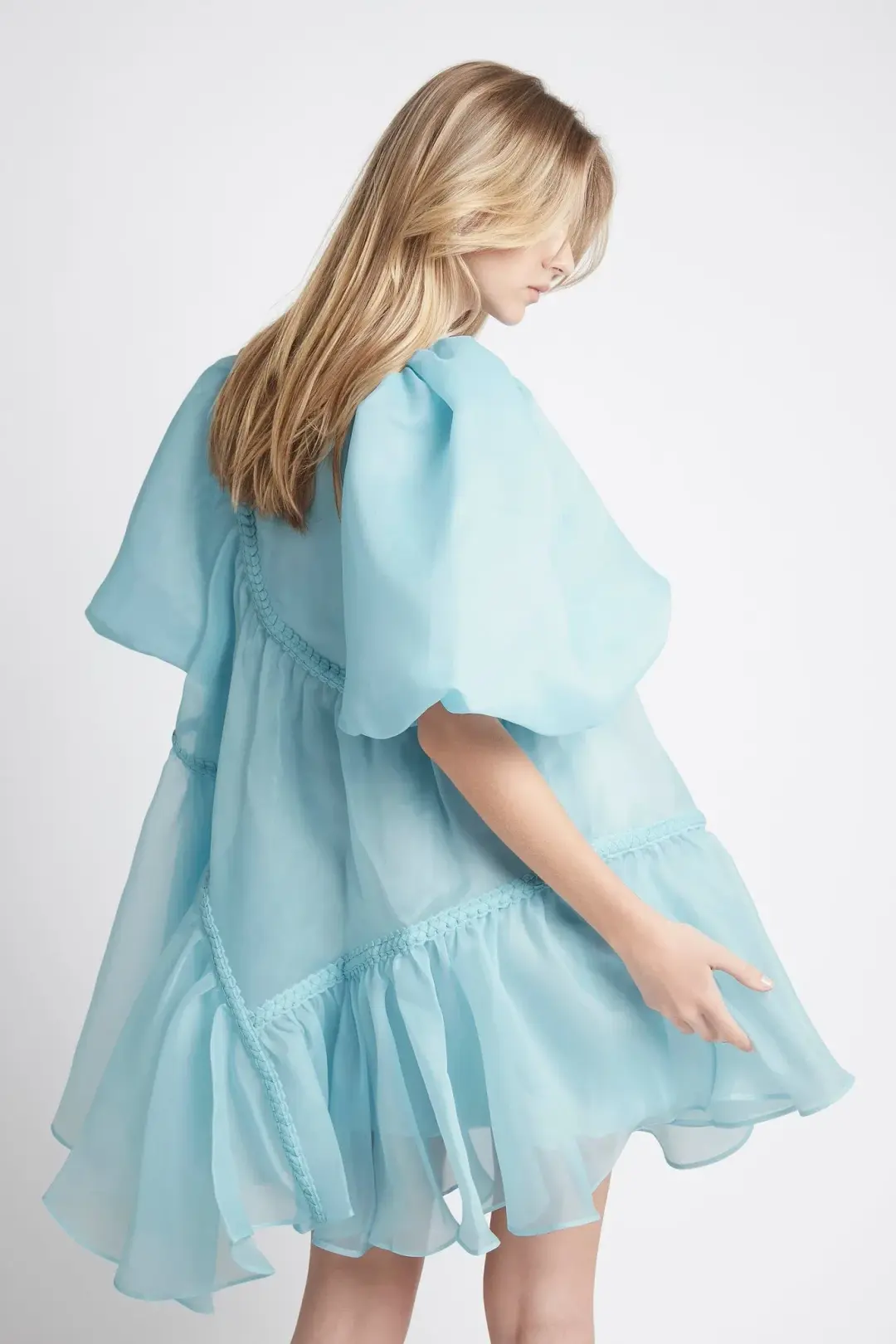 Aje Riviera Asymmetric Braided Puff Sleeve Smock Dress Blue Size 10  for rent on The Volte - main image