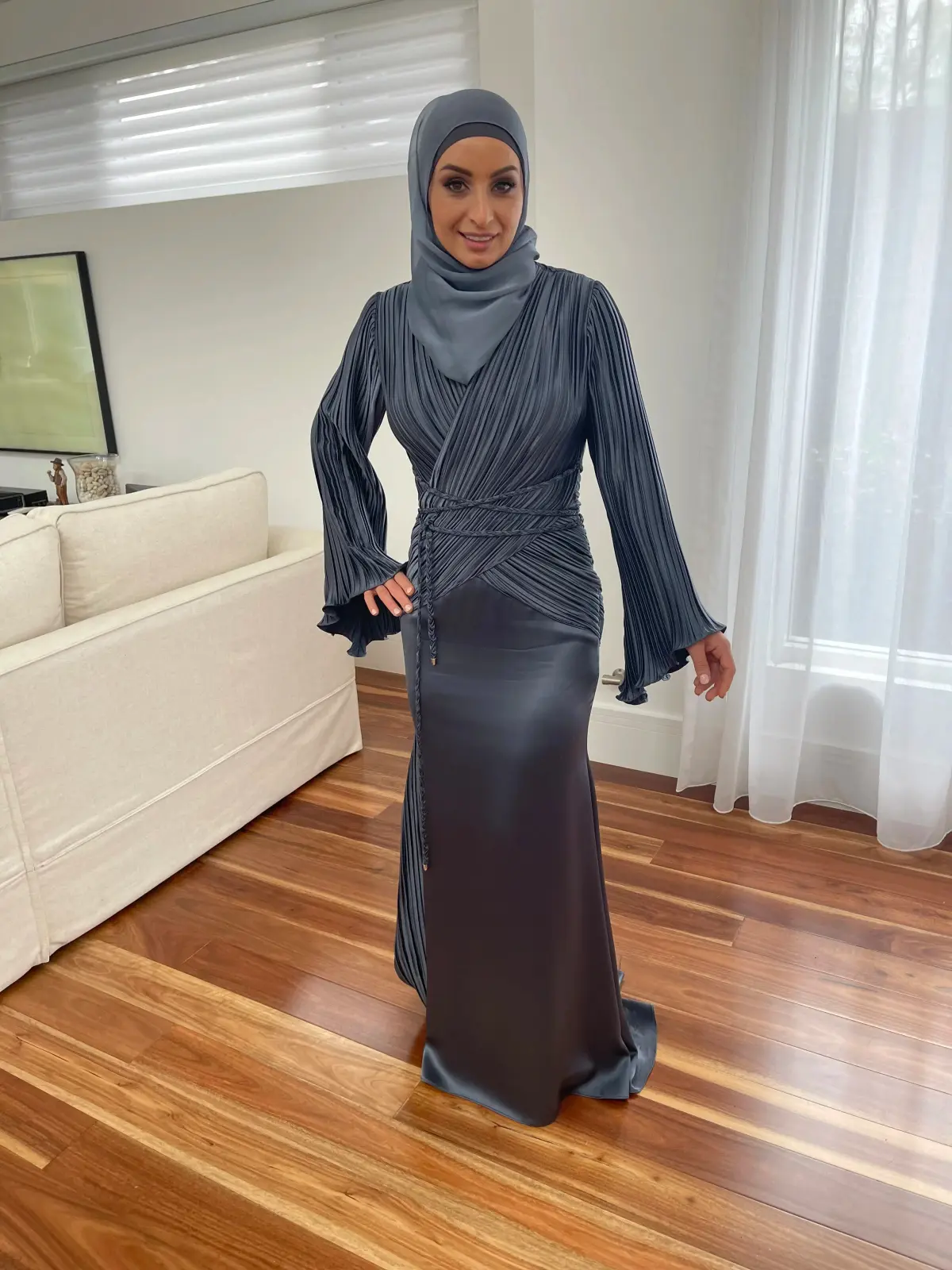 Emoda Couture Silk Dress Grey Size 8 - Image 1