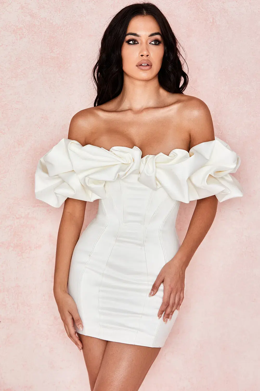 House of CB Selena Satin Ruffle Strapless Mini Dress Ivory White Size XS / Au 6 for rent on The Volte - main image