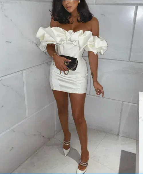 House of CB Selena Satin Ruffle Strapless Mini Dress Ivory White Size XS / Au 6 for rent on The Volte - main image