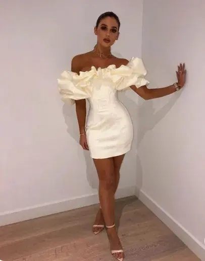 House of CB Selena Satin Ruffle Strapless Mini Dress Ivory White Size XS / Au 6 for rent on The Volte - main image