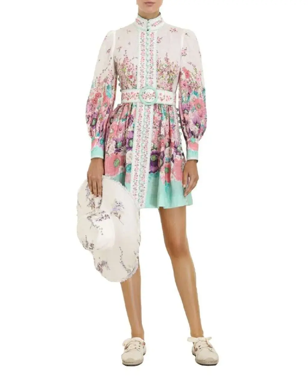 Zimmermann Jude Buttoned Mini Dress in Aqua Gradient Floral Print Size 2/ AU 12 - Image 2