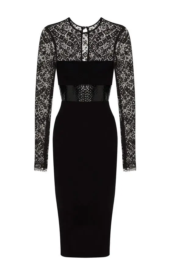 Alex Perry Mabelle Lace Long Sleeve Plastic & Satin Crepe Pencil Dress Black Size 6 - Image 4