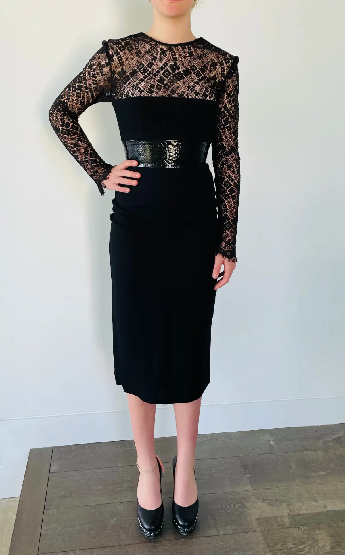 Alex Perry Mabelle Lace Long Sleeve Plastic & Satin Crepe Pencil Dress Black Size 6 - Image 1