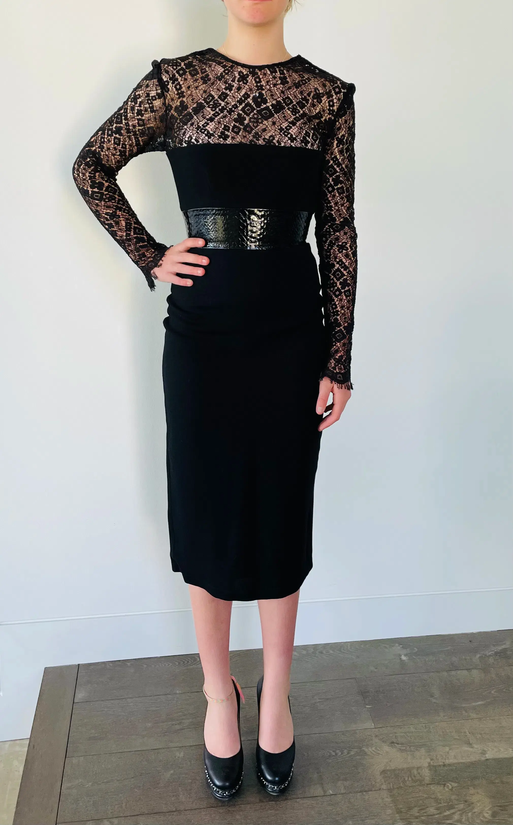 Alex Perry Mabelle Lace Long Sleeve Plastic & Satin Crepe Pencil Dress Black Size 6 - Image 1