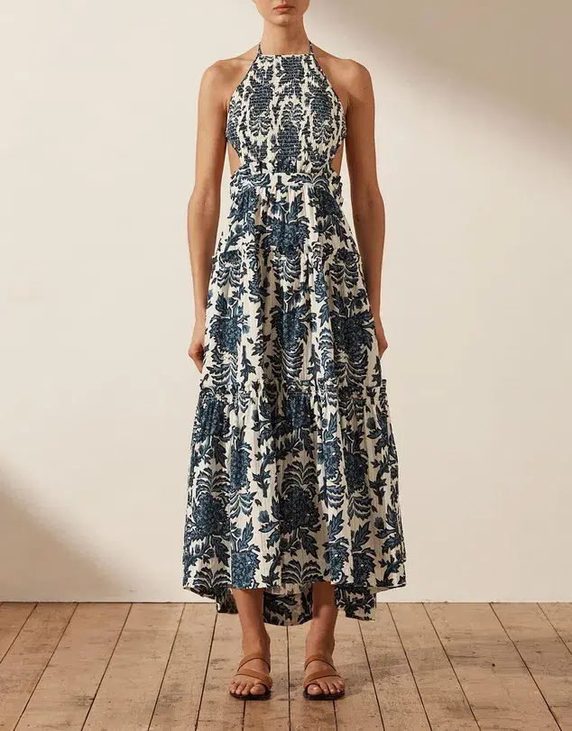 Shona Joy Diana Shirred Backless Midi Dress Print Size 10 - Image 3