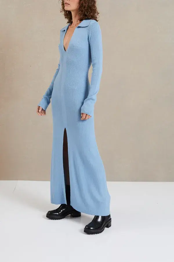 Bec & Bridge Freya Long Sleeve Knit Maxi Dress Sky Blue Size 6 for rent on The Volte - main image