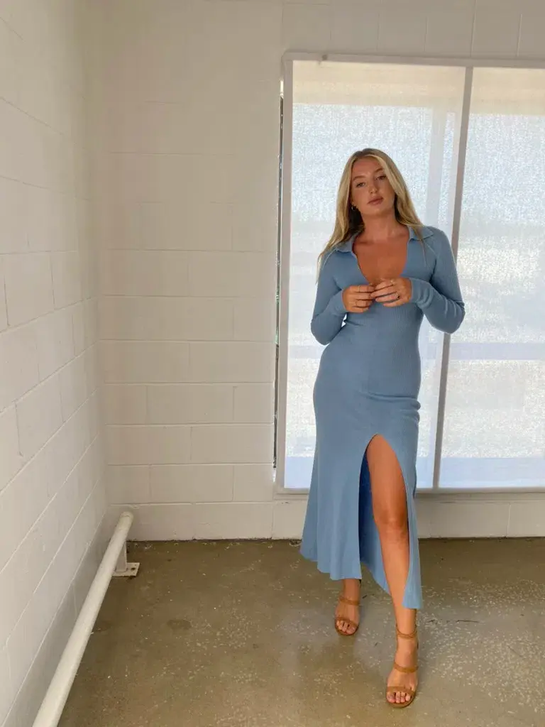 Bec & Bridge Freya Long Sleeve Knit Maxi Dress Sky Blue Size 6 - Image 8