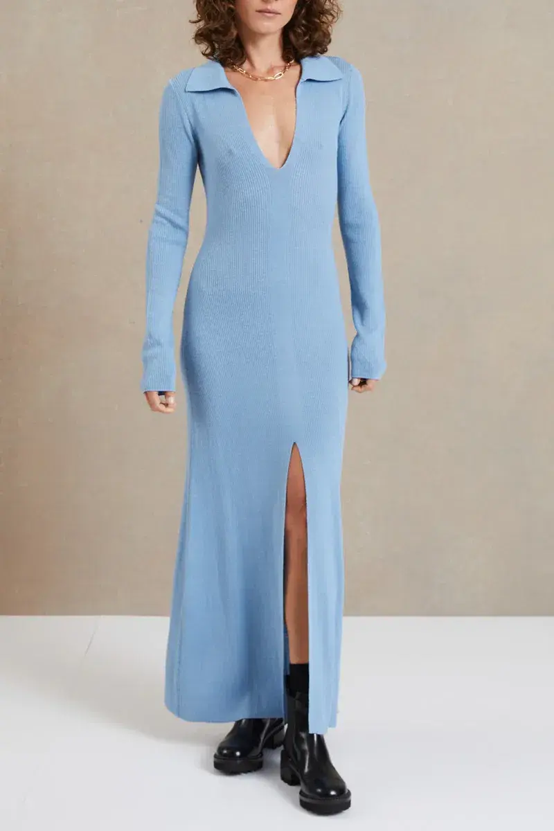 Bec & Bridge Freya Long Sleeve Knit Maxi Dress Sky Blue Size 6 for rent on The Volte - main image