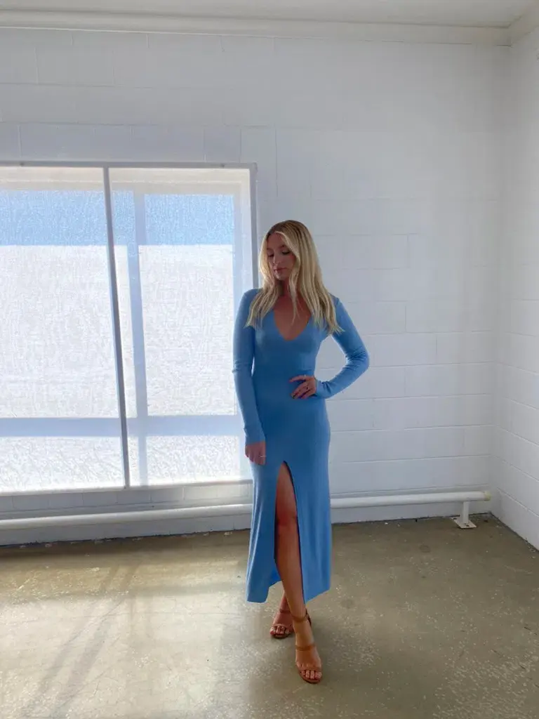 Bec & Bridge Freya Long Sleeve Knit Maxi Dress Sky Blue Size 6 for rent on The Volte - main image