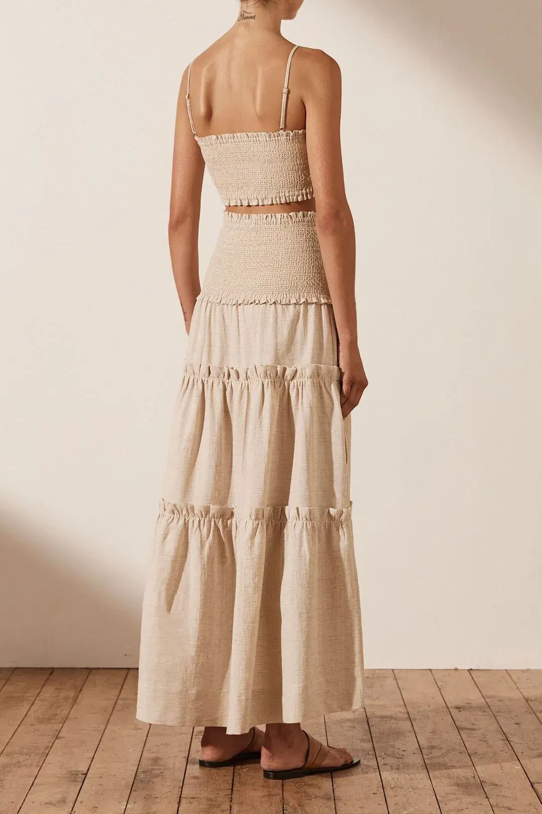 SHONA JOY Fiona Shirred Bralette and Tiered Midi Skirt Set CREAM Size AU 6 - Image 3