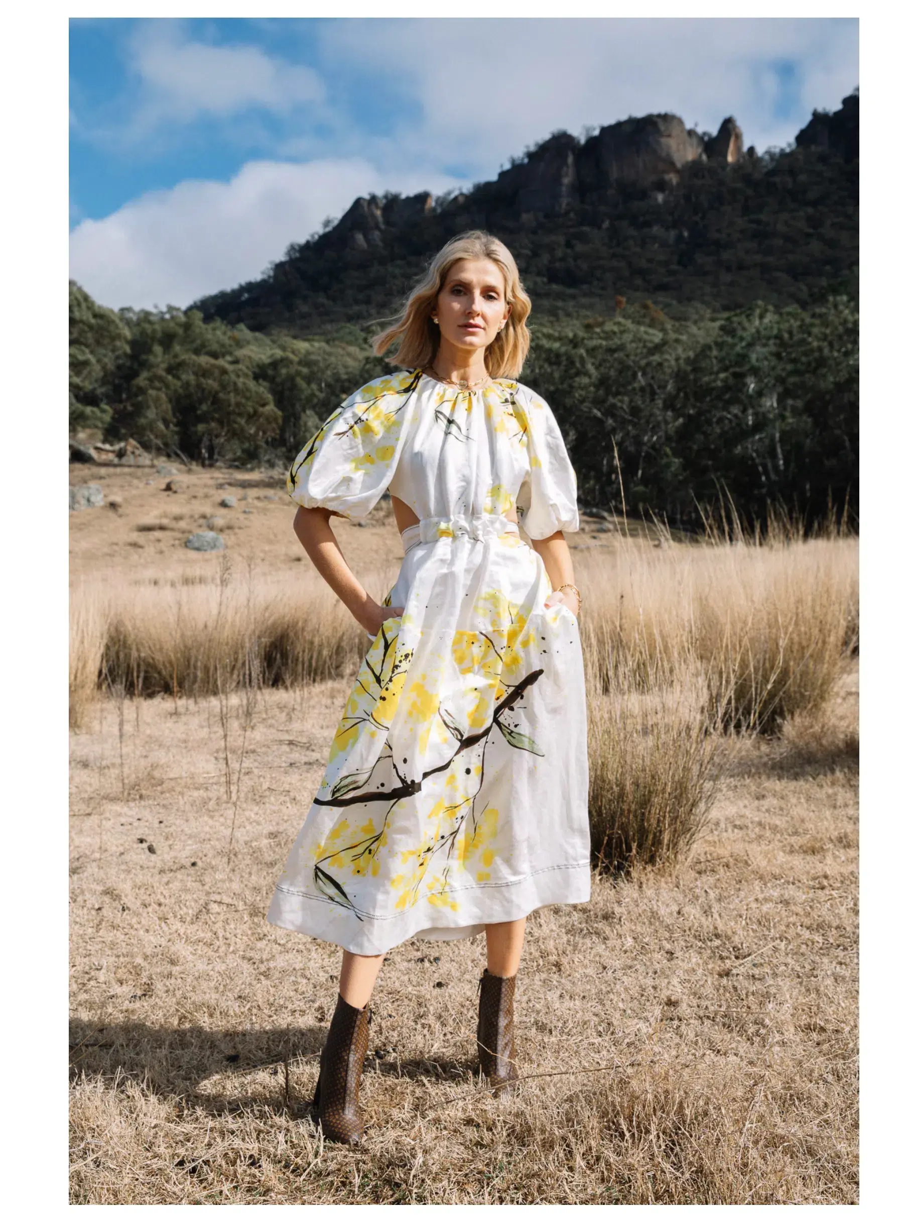 Aje Mimosa Cut-out Midi Dress In Wattle Print Size 8 - Image 1