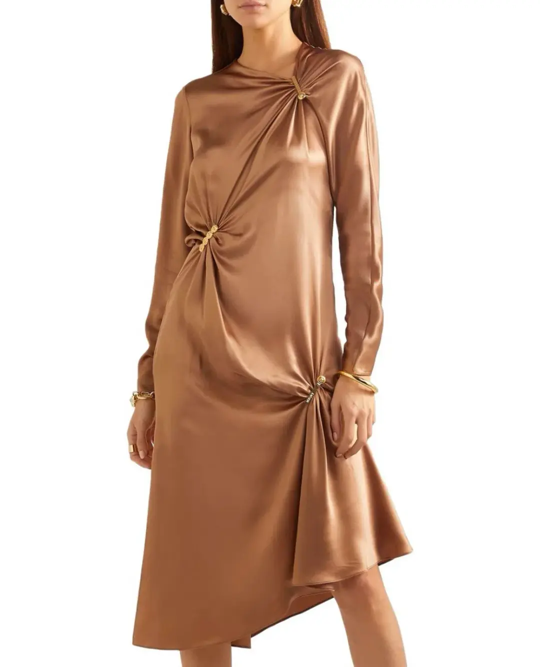 Versace Satin Midi Dress in Camel Brown Size 8 for rent on The Volte - main image