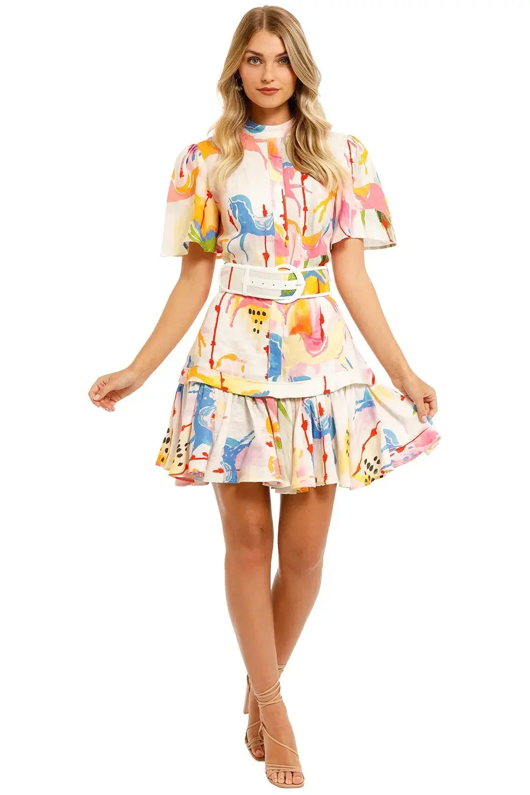Leo & Lin The Carousel Linen Belted Shirt Dress Print Size 8 - Image 1