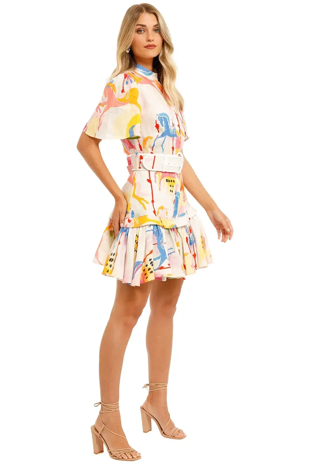 Leo & Lin The Carousel Linen Belted Shirt Dress Print Size 8 for rent on The Volte - main image