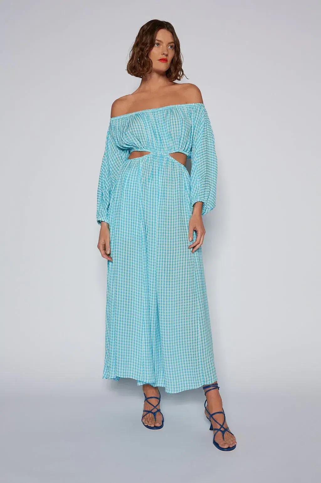 Scanlan Theodore Gingham Cutout Dress in Blue Size 8 for rent on The Volte - main image