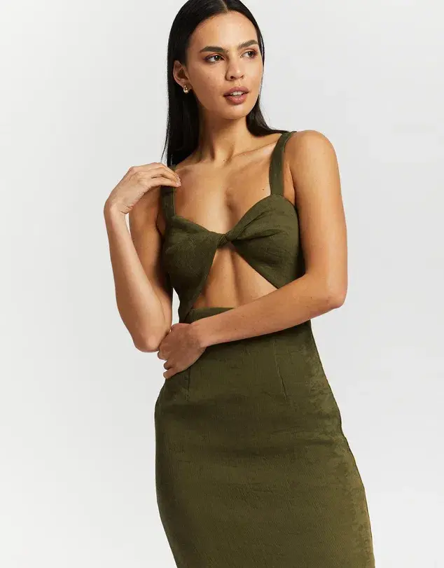 Shona Joy Simone Fitted Cut Out Dress Olive Size 8  for rent on The Volte - main image