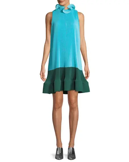 Tibi Camellia Pleated Colorblock Ruffle Dress Blue Size 4  - Image 1