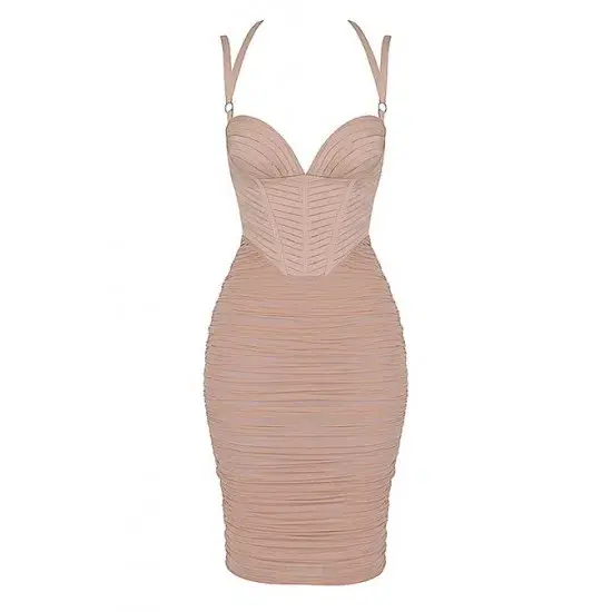 House of CB Dress Josephine Pleated Corset Midi Dress Taupe Size 10 - Image 3