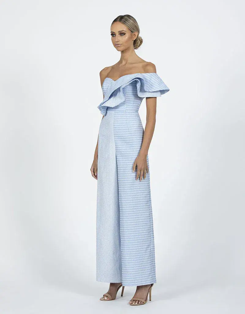 Bariano Willow Contrast Off Shoulder Jumpsuit Pale Blue/Cream  Size 8 - Image 1