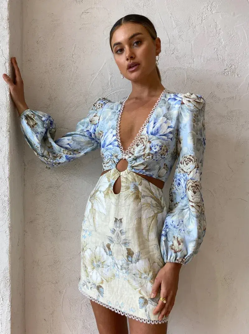 Sonya Cut Out Linen Mini Dress Botanica Print Size 10 - Image 1