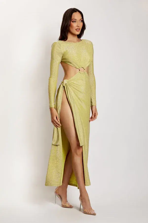 Meshki Christina Backless Maxi Wrap Dress Green Shimmer Size L - Image 2