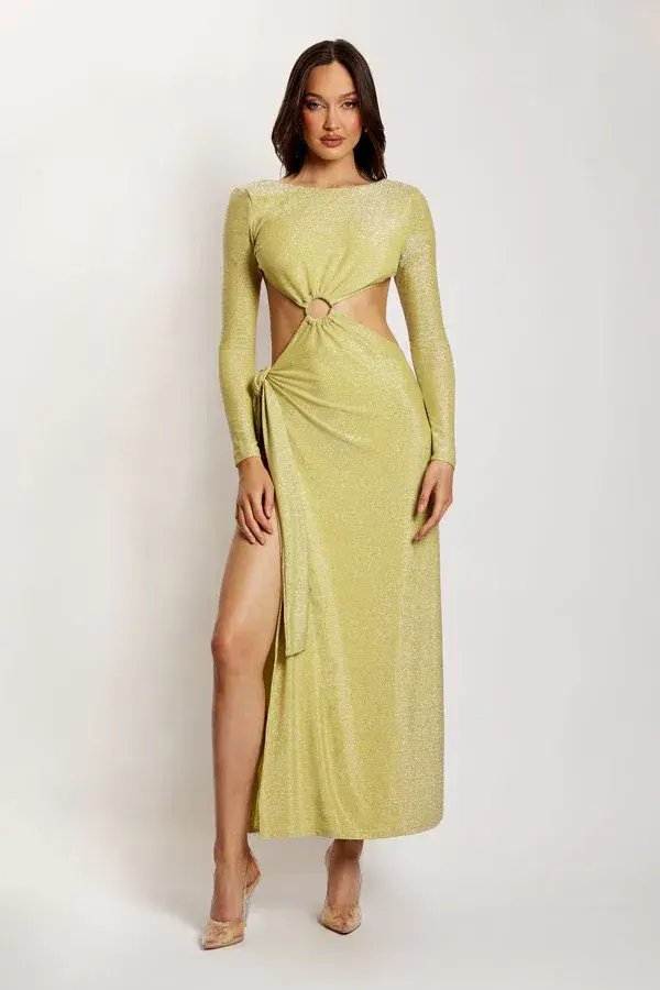 Meshki Christina Backless Maxi Wrap Dress Green Shimmer Size L - Image 1