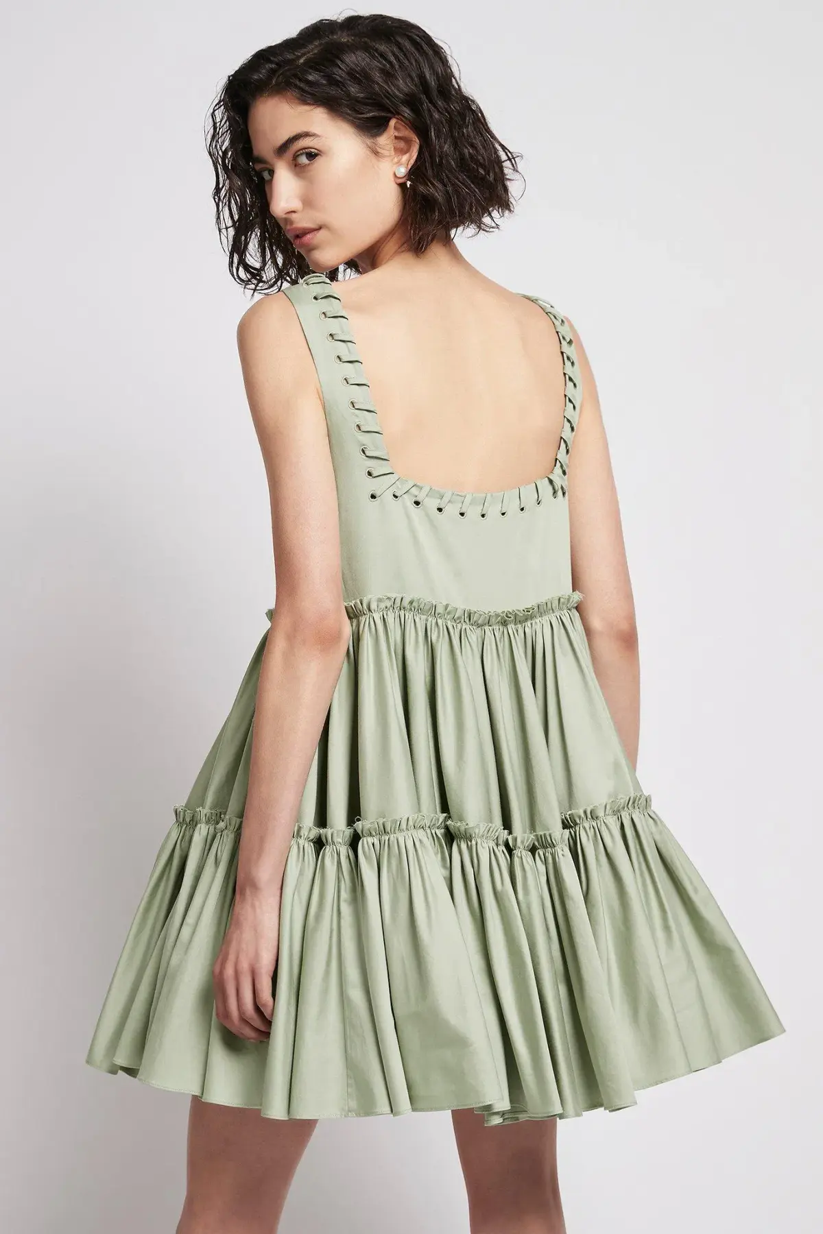 Aje Hushed Cotton Square Neck Mini Dress in Bamboo Green Size 14  - Image 3