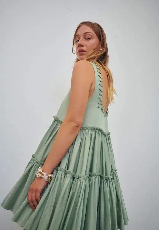 Aje Hushed Cotton Square Neck Mini Dress in Bamboo Green Size 14  - Image 4