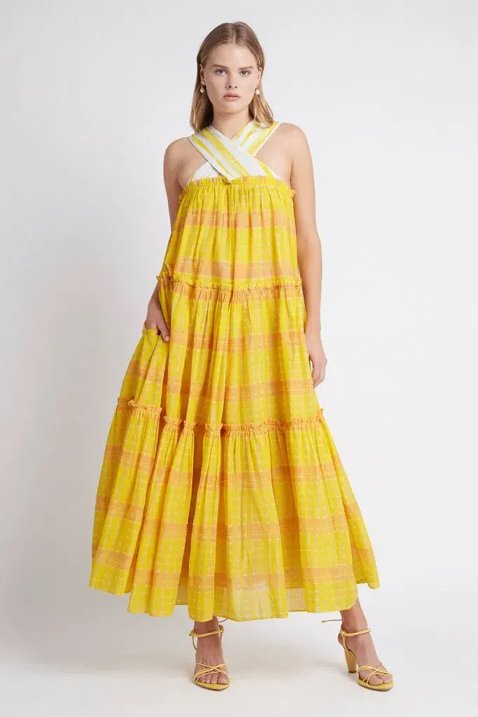 Aje Wilderness Tiered Maxi Dress Yellow Size 10 - Image 1
