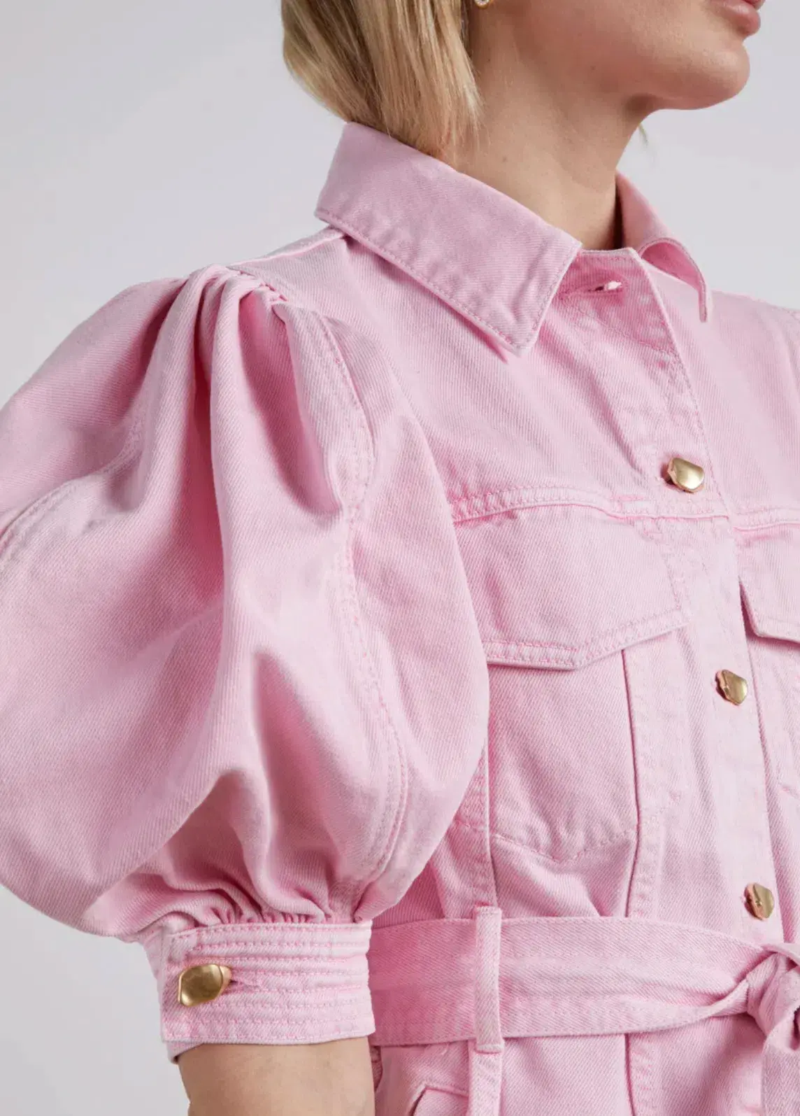 Aje Triada Button Denim Puff Sleeve Mini Dress Pink Size 14 - Image 3