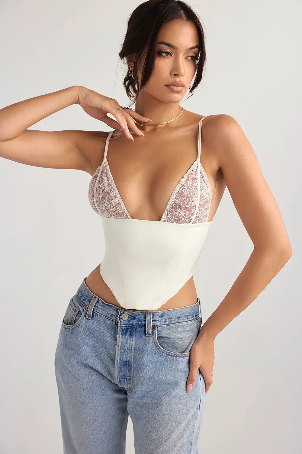 House of CB Emilee Ivory Satin and Lace Corset White Size 8 - Image 1