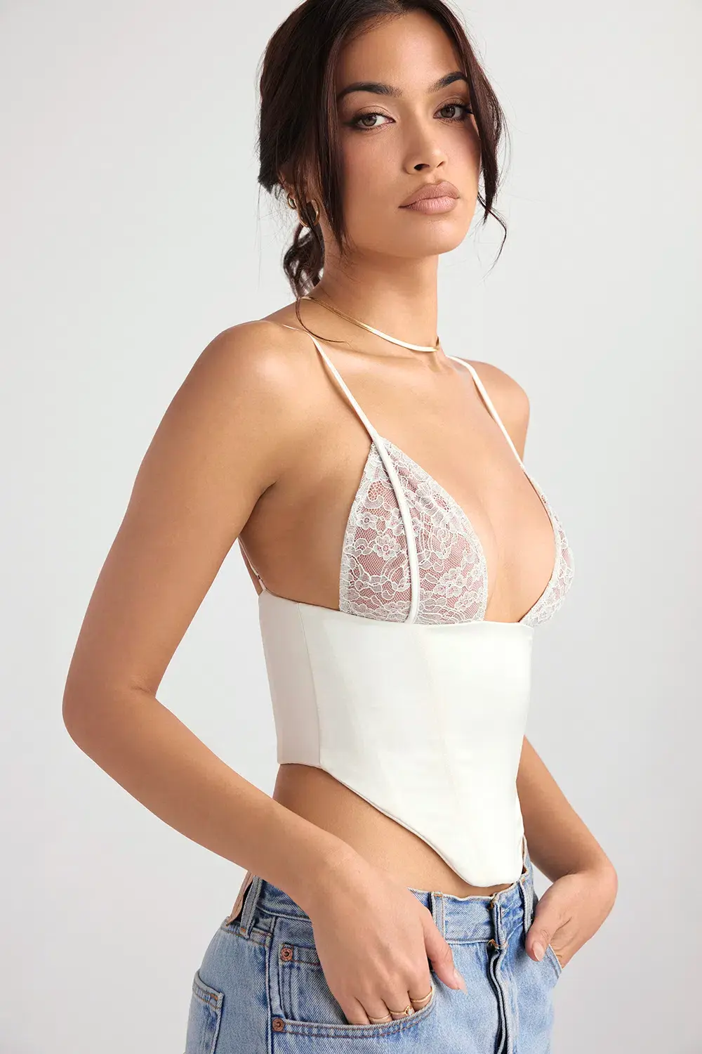 House of CB Emilee Ivory Satin and Lace Corset White Size 8 - Image 2