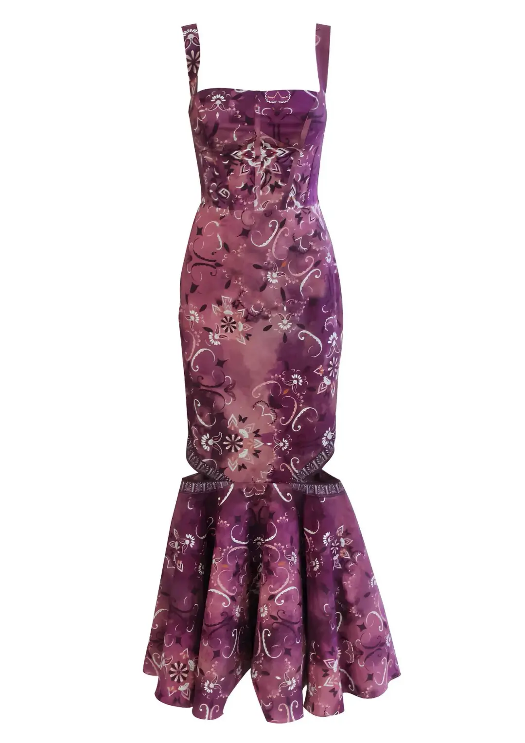 Leo and Lin Hadrian Mermaid Cut Out Dress Purple Print Size 8 for rent on The Volte - main image