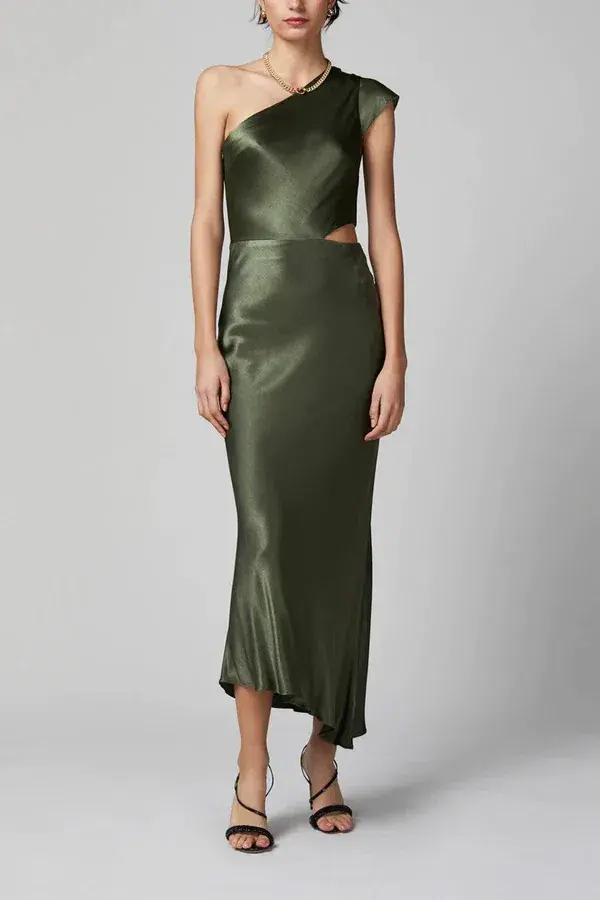Bec & Bridge Delphine Asymmetric Midi Dress Fern Size 8   for rent on The Volte - main image