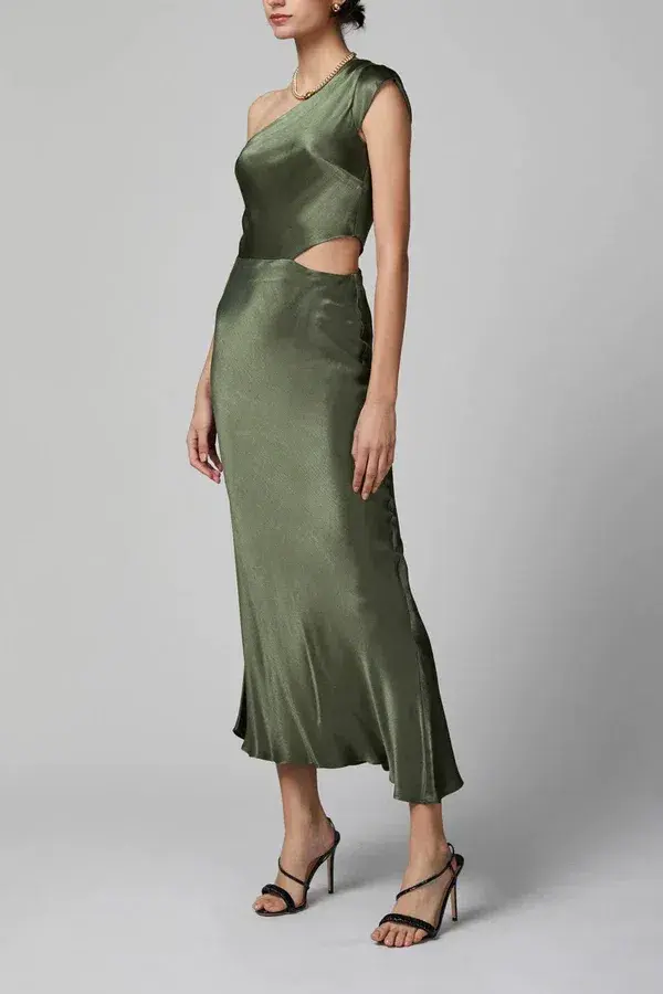 Bec & Bridge Delphine Asymmetric Midi Dress Fern Size 8   for rent on The Volte - main image