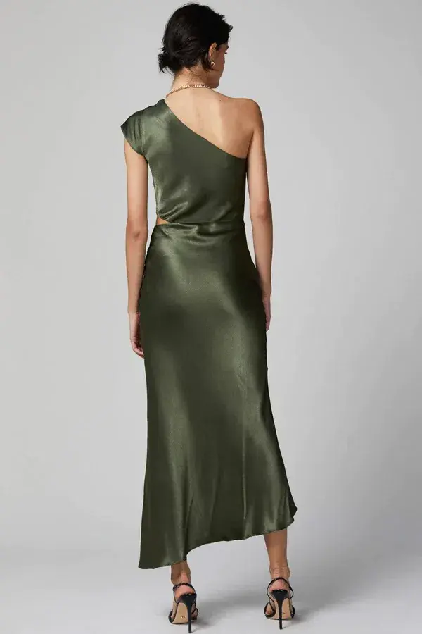 Bec & Bridge Delphine Asymmetric Midi Dress Fern Size 8   for rent on The Volte - main image
