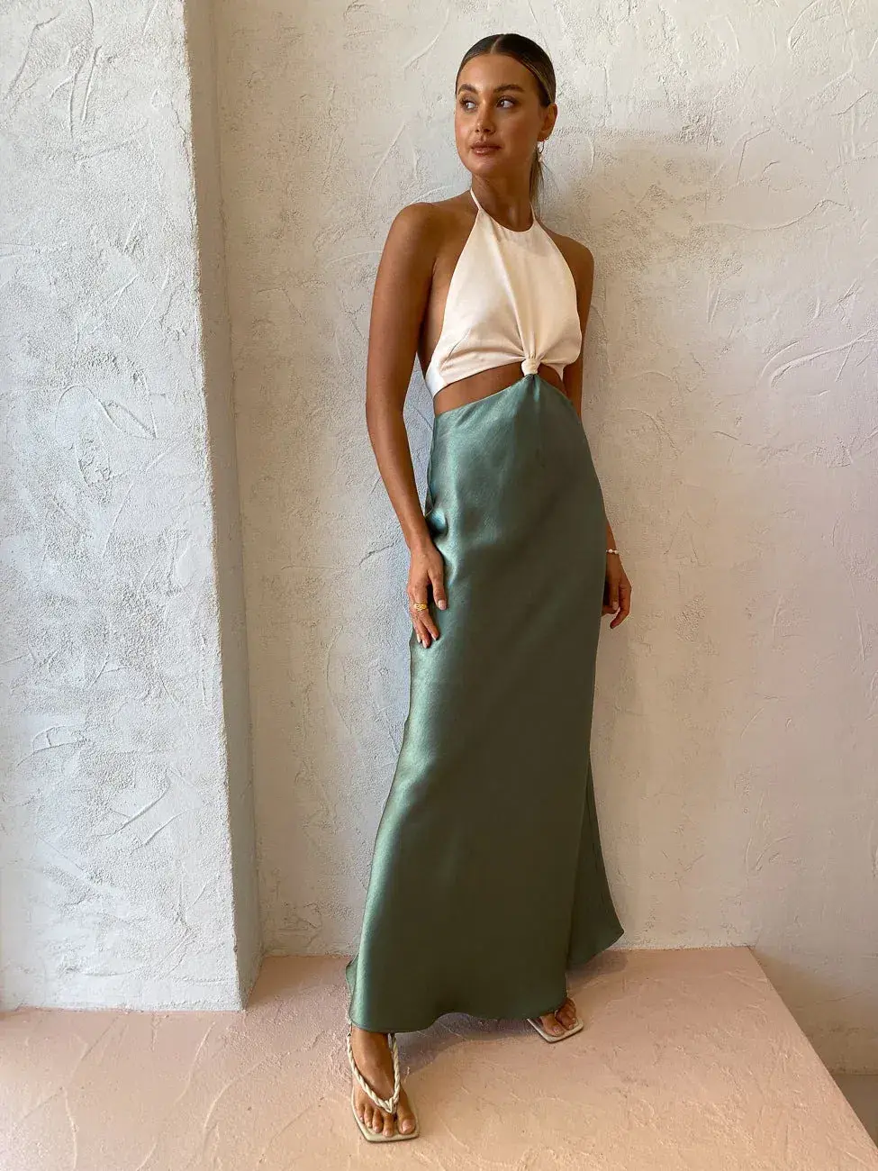 Bec and Bridge The Carrie Halter Dress Sage Green/Cream Size 6 - Image 2