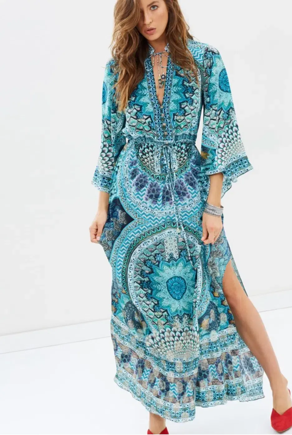 Camilla Drawstring Button Up Dress Turn On The Charm Print Size L - Image 6