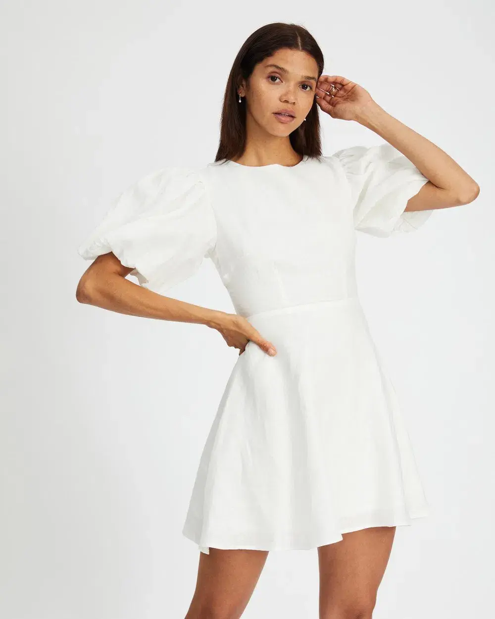 Aere Puff Sleeve Linen Mini Dress White Size 6 - Image 2