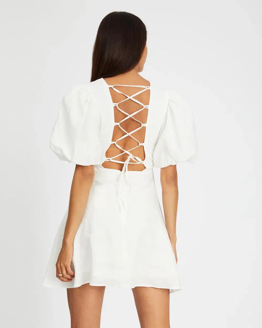 Aere Puff Sleeve Linen Mini Dress White Size 6 - Image 3