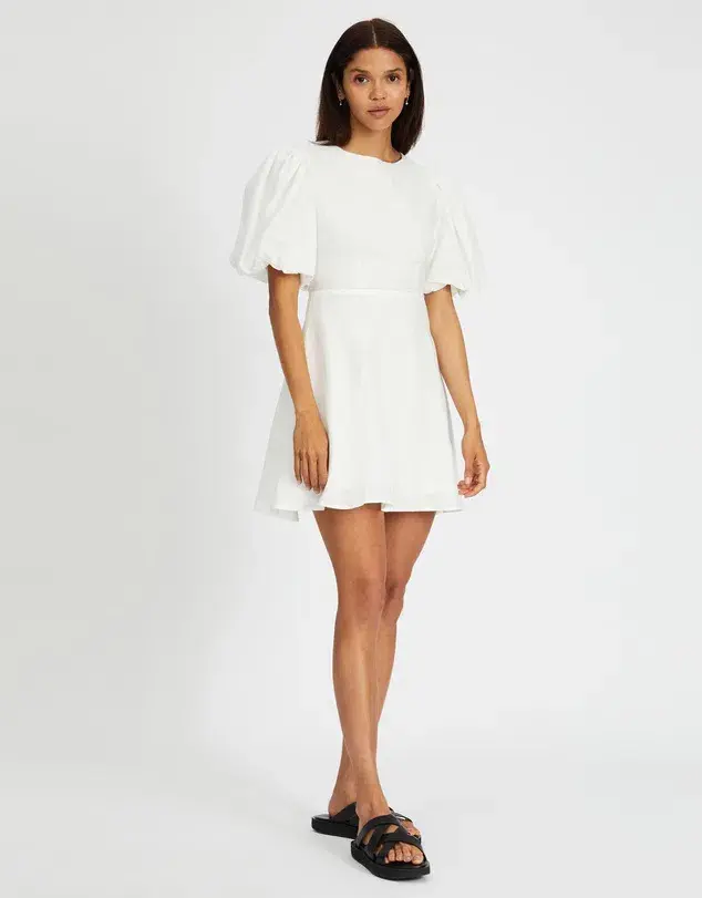 Aere Puff Sleeve Linen Mini Dress White Size 6 - Image 1