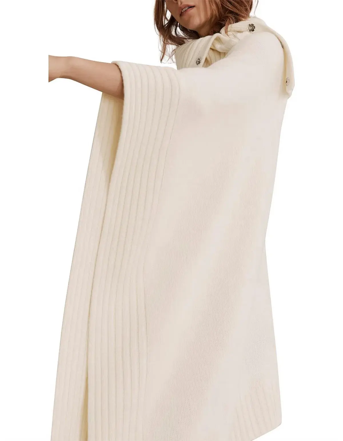 Country Road Button Detail Poncho Cream One Size  - Image 2