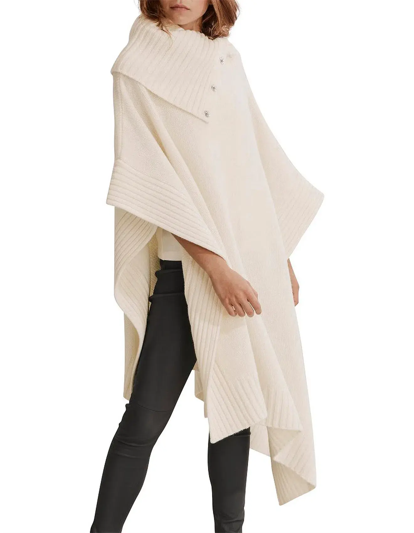 Country Road Button Detail Poncho Cream One Size  - Image 1