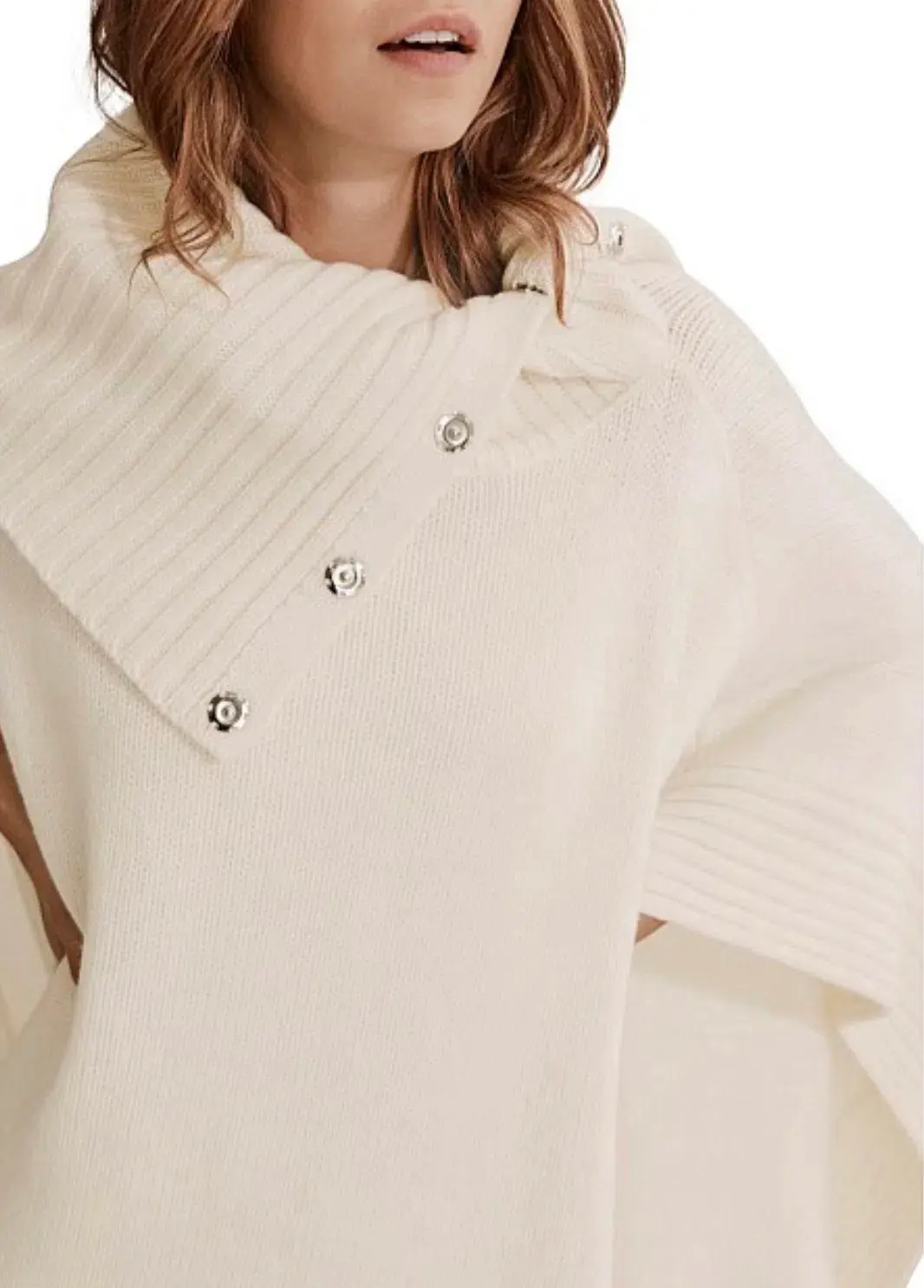 Country Road Button Detail Poncho Cream One Size  - Image 3