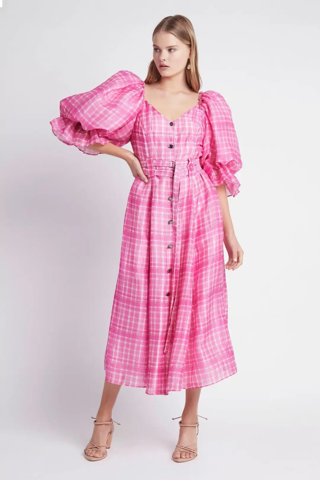 Aje Bungalow Puff Sleeve Midi Dress Pink Check Size 6 for rent on The Volte - main image