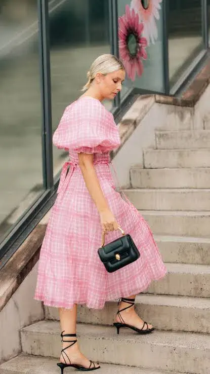 Aje Bungalow Puff Sleeve Midi Dress Pink Check Size 6 for rent on The Volte - main image