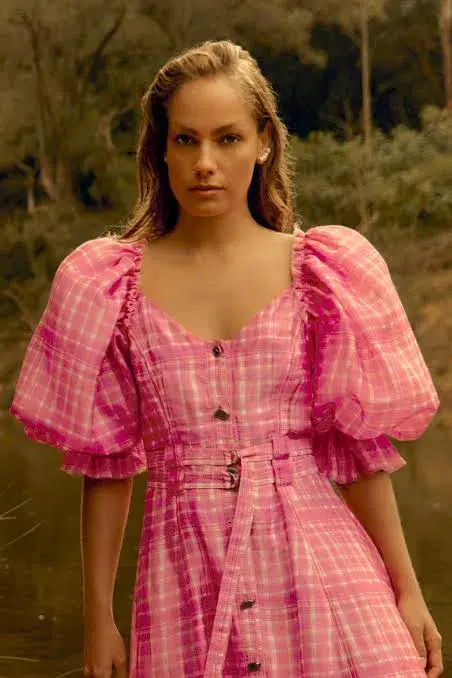Aje Bungalow Puff Sleeve Midi Dress Pink Check Size 6 - Image 3