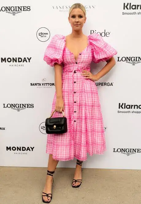 Aje Bungalow Puff Sleeve Midi Dress Pink Check Size 6 for rent on The Volte - main image